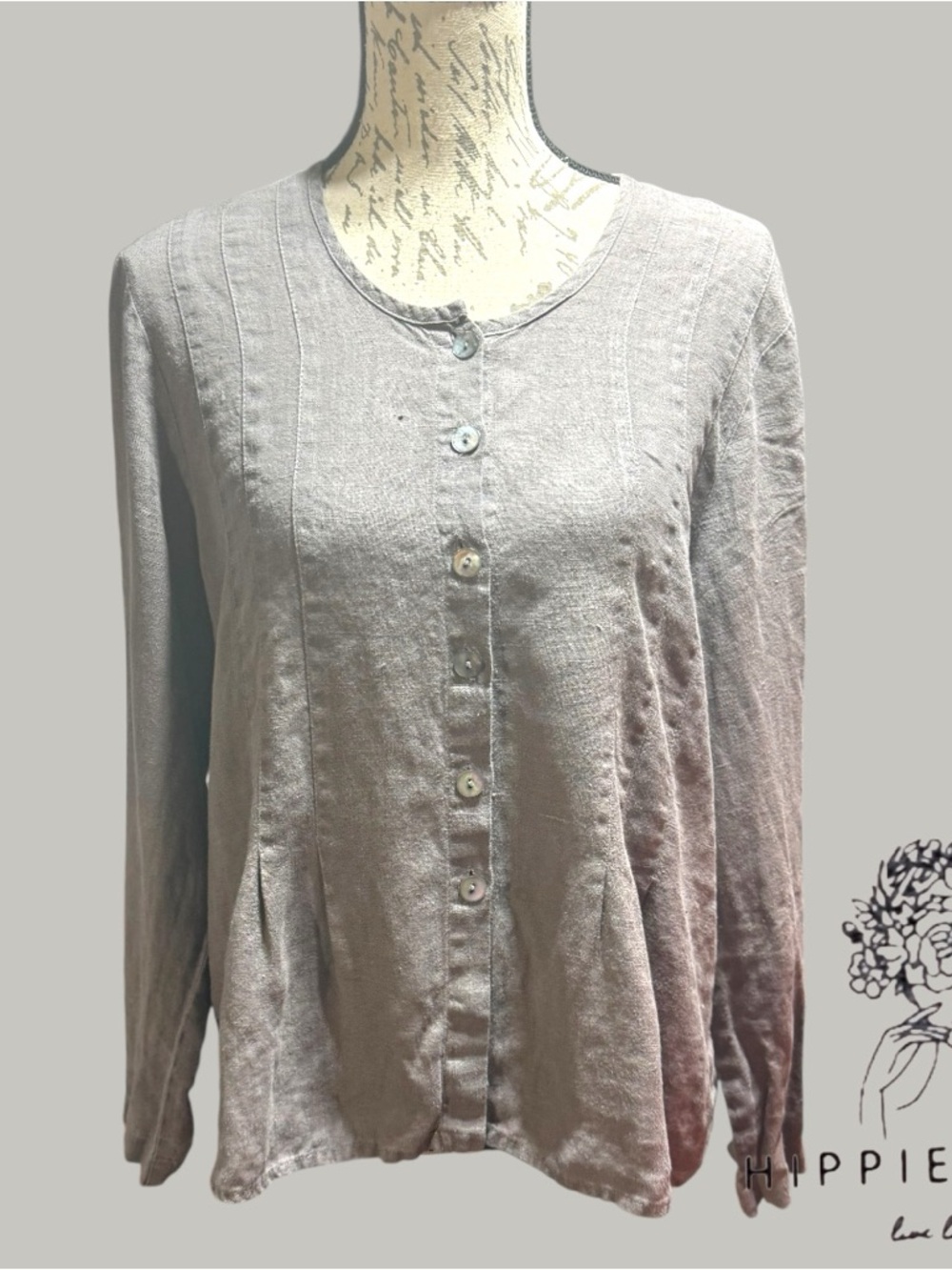 FLAX Grey Linen Button Down Tunic Blouse Size S